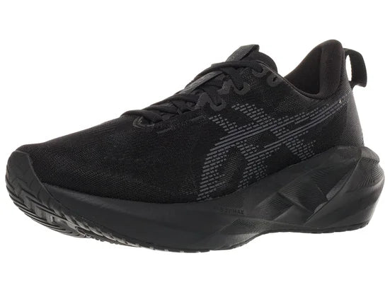 Women's Asics Novablast 5. Black upper. Black midsole. Lateral view.