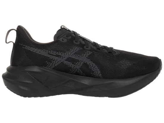 Women's Asics Novablast 5. Black upper. Black midsole. Medial view.