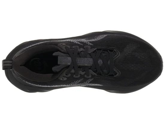 Women's Asics Novablast 5. Black upper. Black midsole. Top view.