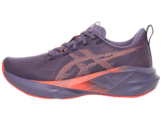 Women's Asics Novablast 5. Grey/Purple upper. Grey/Purple midsole. Lateral view.