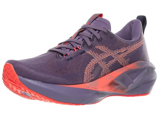 Women's Asics Novablast 5. Grey/Purple upper. Grey/Purple midsole. Lateral view.