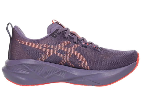 Women's Asics Novablast 5. Grey/Purple upper. Grey/Purple midsole. Medial view.