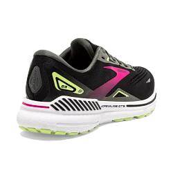 Women's Brooks Adrenaline GTS 23. Black upper. White midsole. Rear/Lateral view.