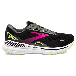 Women's Brooks Adrenaline GTS 23. Black upper. White midsole. Lateral view.