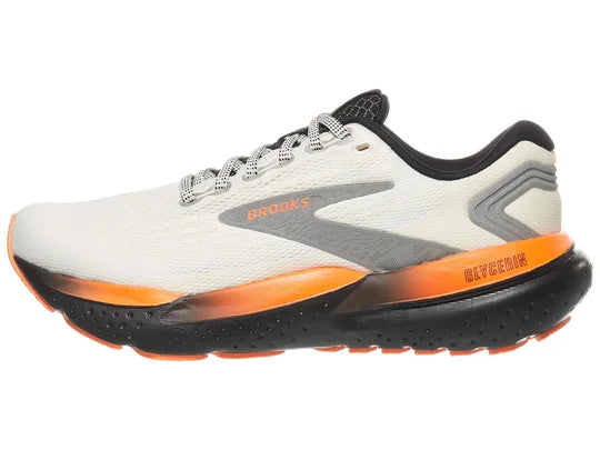 Women's Brooks Glycerin 21. White upper. Black/Orange midsole. Lateral view.