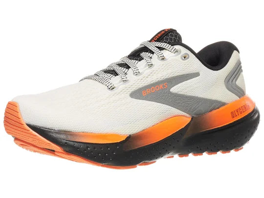 Women's Brooks Glycerin 21. White upper. Black/Orange midsole. Lateral view.