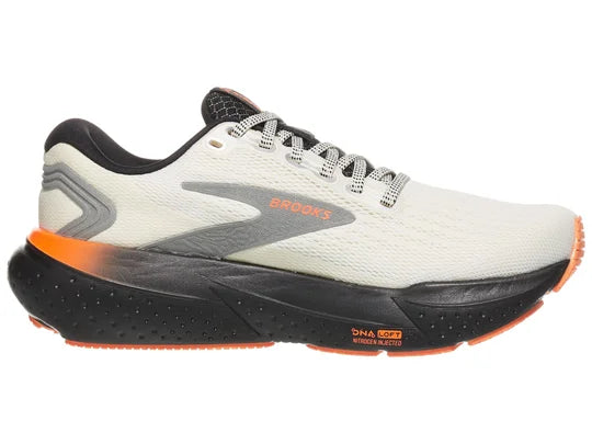 Women's Brooks Glycerin 21. White upper. Black/Orange midsole. Medial view.