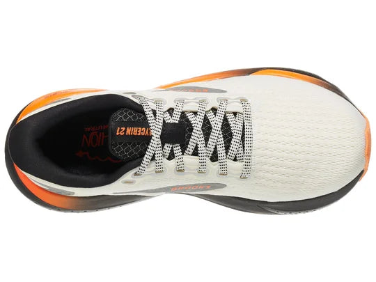 Women's Brooks Glycerin 21. White upper. Black/Orange midsole. Top view.