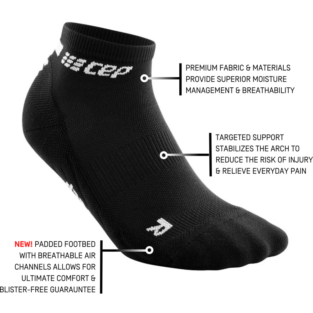 Women's CEP The Run 4.0 Low Cut Socks. Black. Tech sheet.