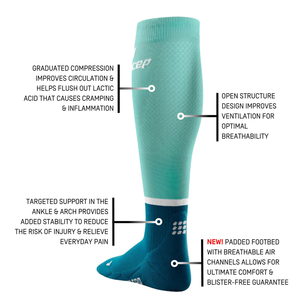 Women's CEP The Run 4.0 Compression Socks. Blue/Green. Tech Sheet.