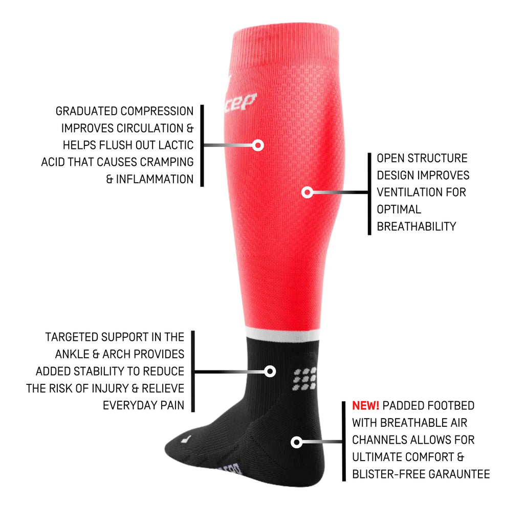 Women's CEP The Run 4.0 Compression Socks. Pink/Black. Tech Sheet.