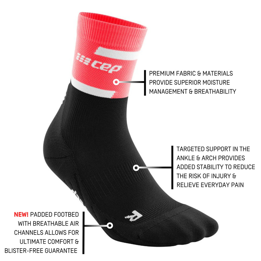 Women's CEP The Run 4.0 Compression Mid Socks. Pink/Black. Tech Sheet.