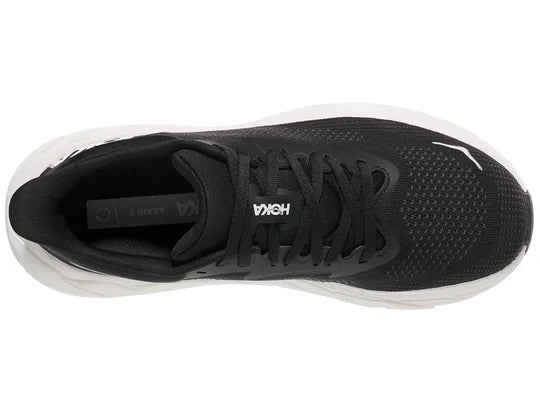 Women's Hoka Arahi 7. Black upper. White midsole. Top view.