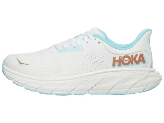 Women's Hoka Arahi 7. White upper. White midsole. Lateral view.