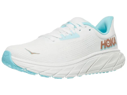 Women's Hoka Arahi 7. White upper. White midsole. Lateral view.