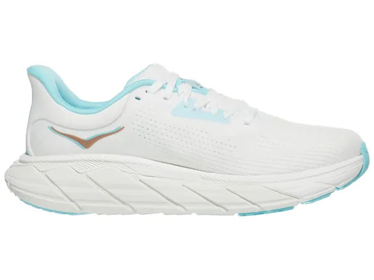 Women's Hoka Arahi 7. White upper. White midsole. Medial view.