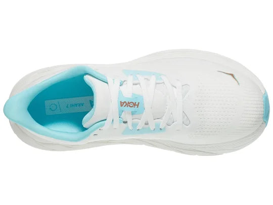 Women's Hoka Arahi 7. White upper. White midsole. Top view.