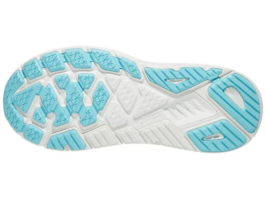 Women's Hoka Arahi 7. White upper. White midsole. Bottom view.