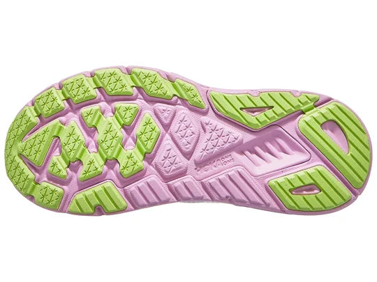 Women's Hoka Arahi 7. Light Blue upper. Pink midsole. Bottom view.