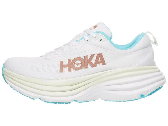 Women's Hoka Bondi 8. White upper. White midsole. Lateral view.