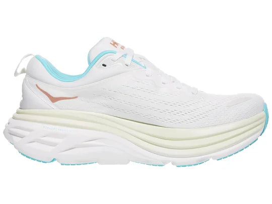 Women's Hoka Bondi 8. White upper. White midsole. Medial view.