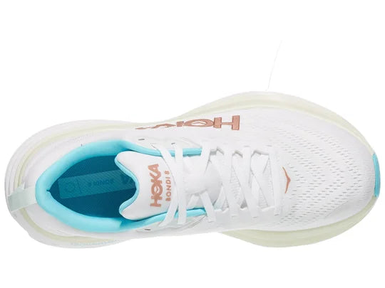 Women's Hoka Bondi 8. White upper. White midsole. Top view.