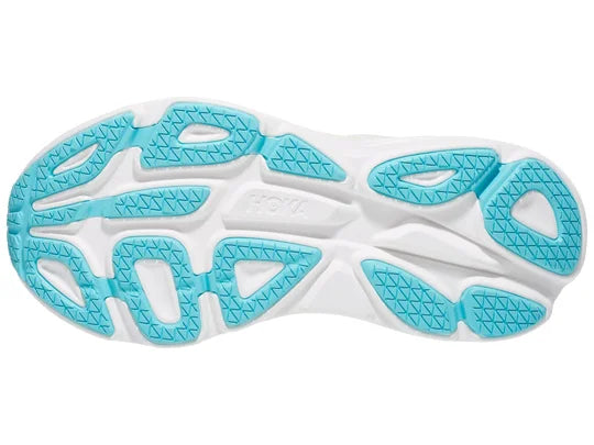 Women's Hoka Bondi 8. White upper. White midsole. Bottom view.