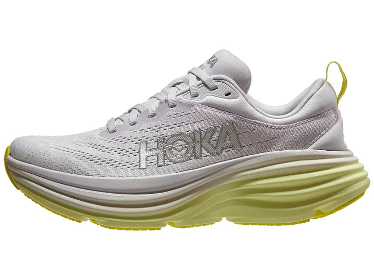 Women's Hoka Bondi 8. Off white upper. White/light yellow midsole. Lateral view.