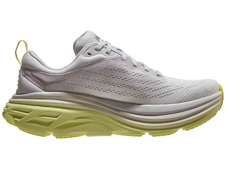 Women's Hoka Bondi 8. Off white upper. White/light yellow midsole. Medial view.