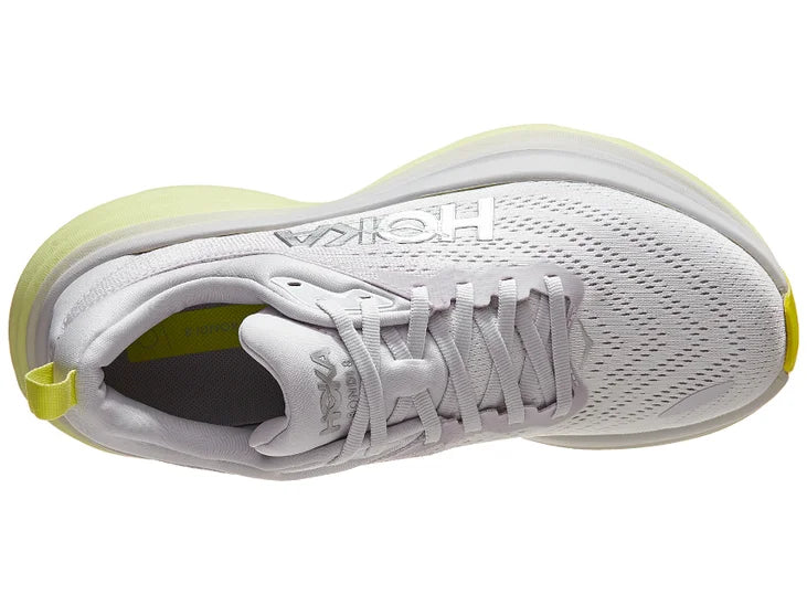 Women's Hoka Bondi 8. Off white upper. White/light yellow midsole. Top view.