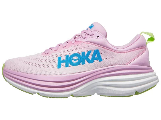 Women's Hoka Bondi 8. Pink upper. White midsole. Lateral view.