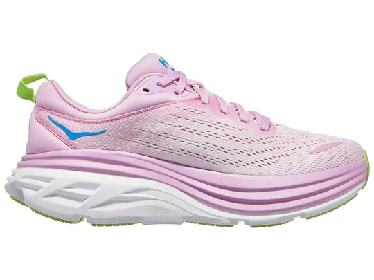 Women's Hoka Bondi 8. Pink upper. White midsole. Medial view.