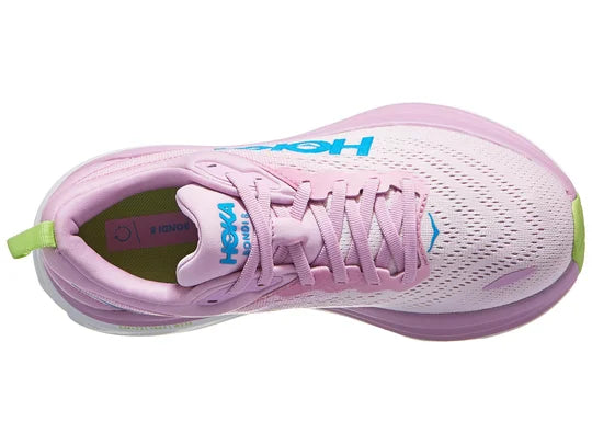 Women's Hoka Bondi 8. Pink upper. White midsole. Top view.