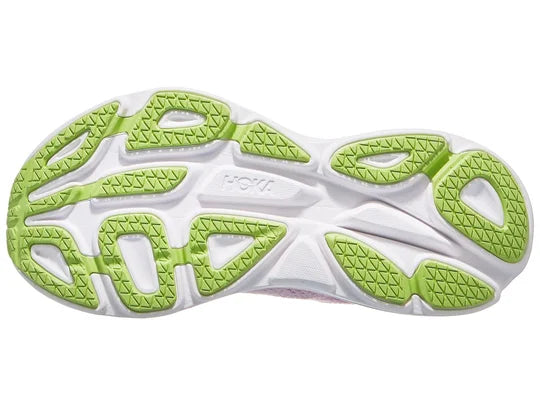 Women's Hoka Bondi 8. Pink upper. White midsole. Bottom view.