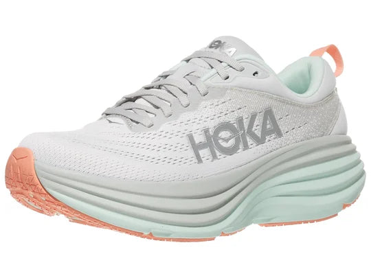 Women's Hoka Bondi 8. White upper. Light Green midsole. Lateral view.