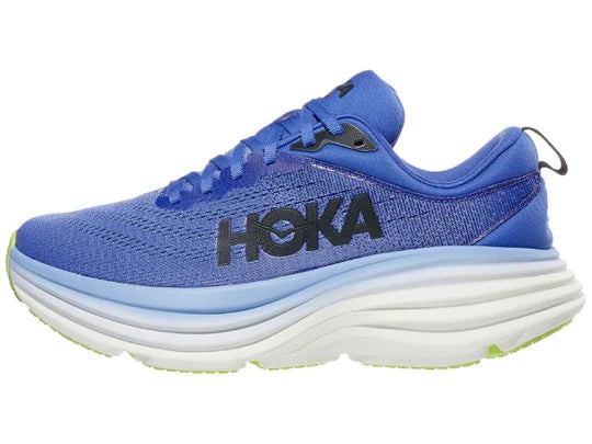 Women's Hoka Bondi 8. Blue/Purple upper. White midsole. Lateral view.