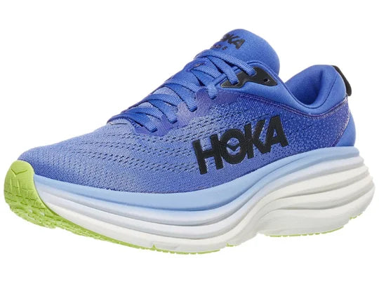 Women's Hoka Bondi 8. Blue/Purple upper. White midsole. Lateral view.