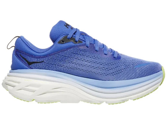 Women's Hoka Bondi 8. Blue/Purple upper. White midsole. Medial view.