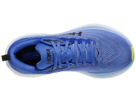 Women's Hoka Bondi 8. Blue/Purple upper. White midsole. Top view.