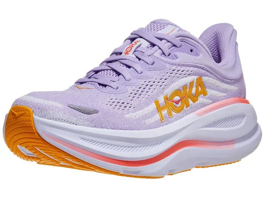 Women's Hoka Bondi 9. Pink/Purple upper. Pink/Purple midsole. Lateral view.