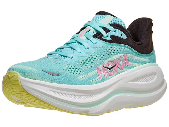 Women's Hoka Bondi 9. Green upper. White midsole. Lateral view.