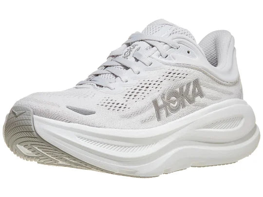 Women's Hoka Bondi 9. Grey upper. White midsole. Lateral view.