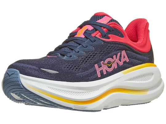 Women's Hoka Bondi 9. Dark Navy upper. White midsole. Lateral view.