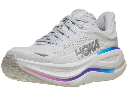 Women's Hoka Bondi 9. Grey upper. White midsole. Lateral view.