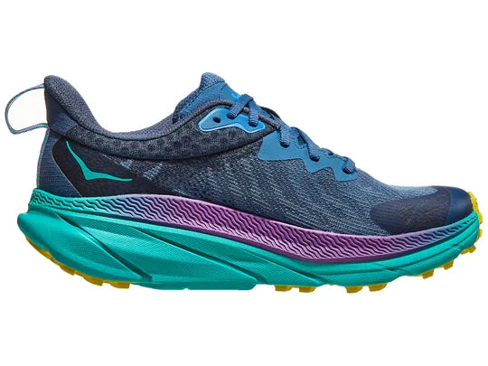 Women's Hoka Challenger 7 GTX. Blue upper. Green midsole. Medial view.