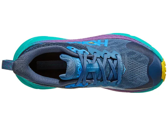 Women's Hoka Challenger 7 GTX. Blue upper. Green midsole. Top view.