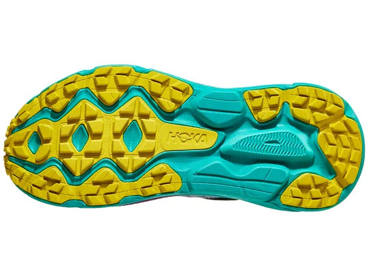 Women's Hoka Challenger 7 GTX. Blue upper. Green midsole. Bottom view.