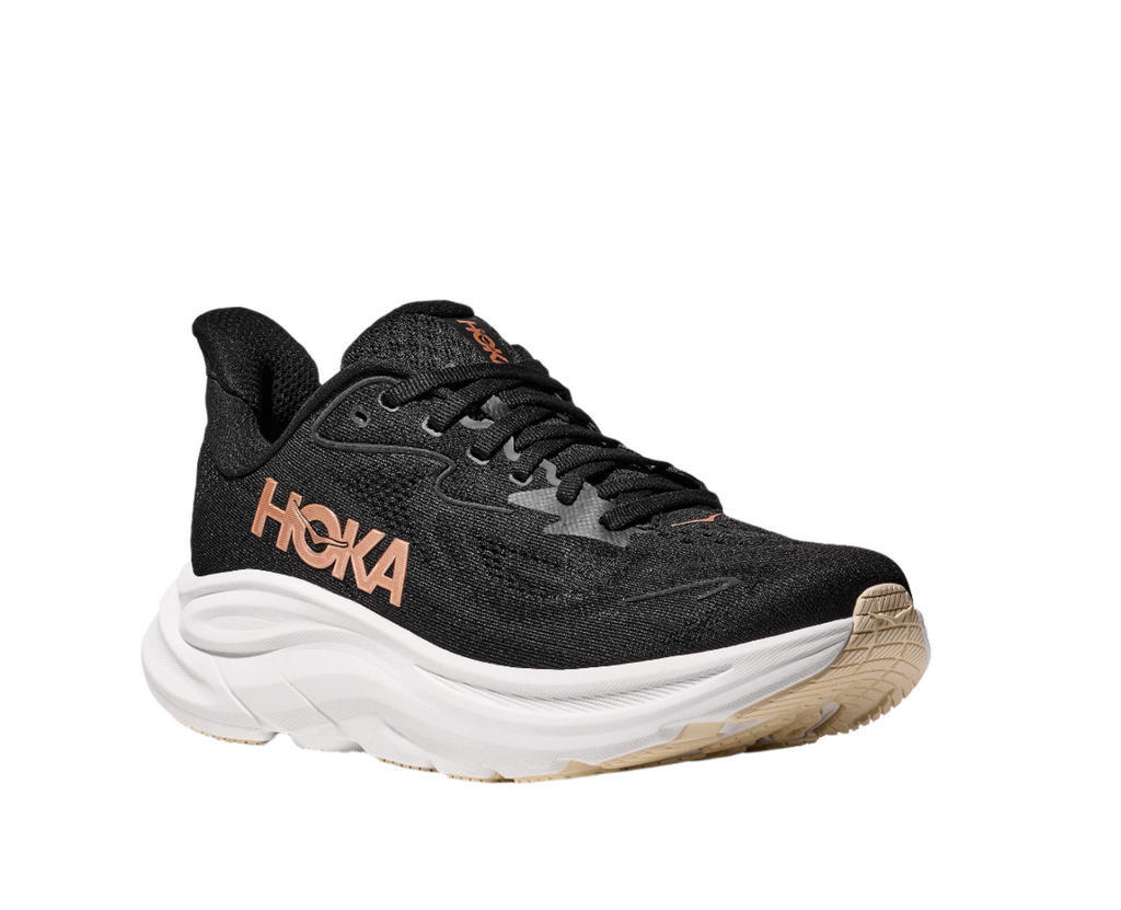 Women's Hoka Clifton 10. Black upper. White midsole. Lateral view.