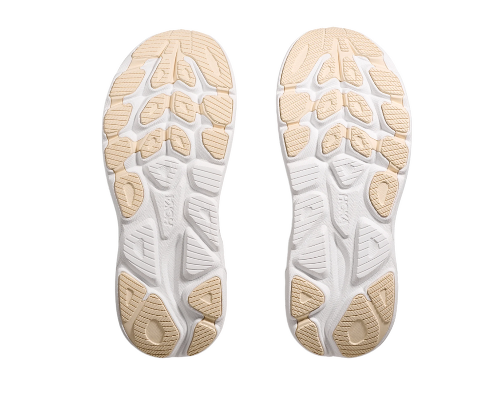 Women's Hoka Clifton 10. Black upper. White midsole. Bottom view.