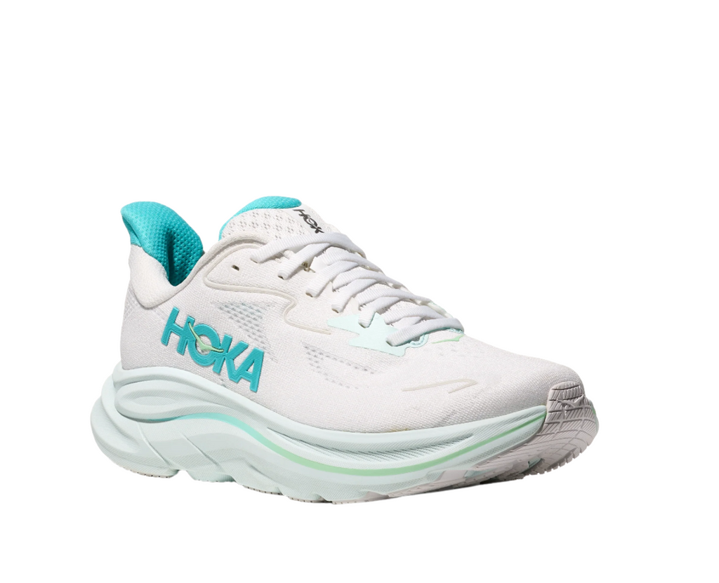 Women's Hoka Clifton 10. White upper. Green and blue midsole. Blue logo. Lateral view.